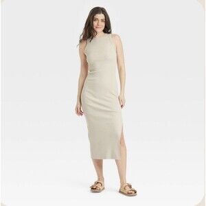 Universal Thread Ribbed Knit Sleeveless Midi Tank Dress Taupe Side Slit M